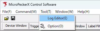 MicroPeckerX Control Softwareのメニューバーから「Tool」-「Log Editor」を選択
